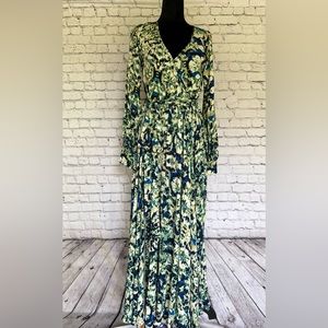 Maxi dress cinched waist with tie low V cut two slits on front